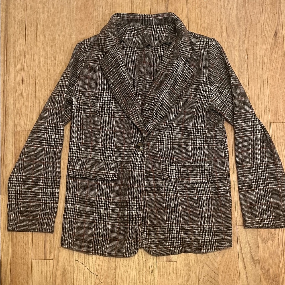 SHEIN Brown Plaid Single-Button Suit Jacket